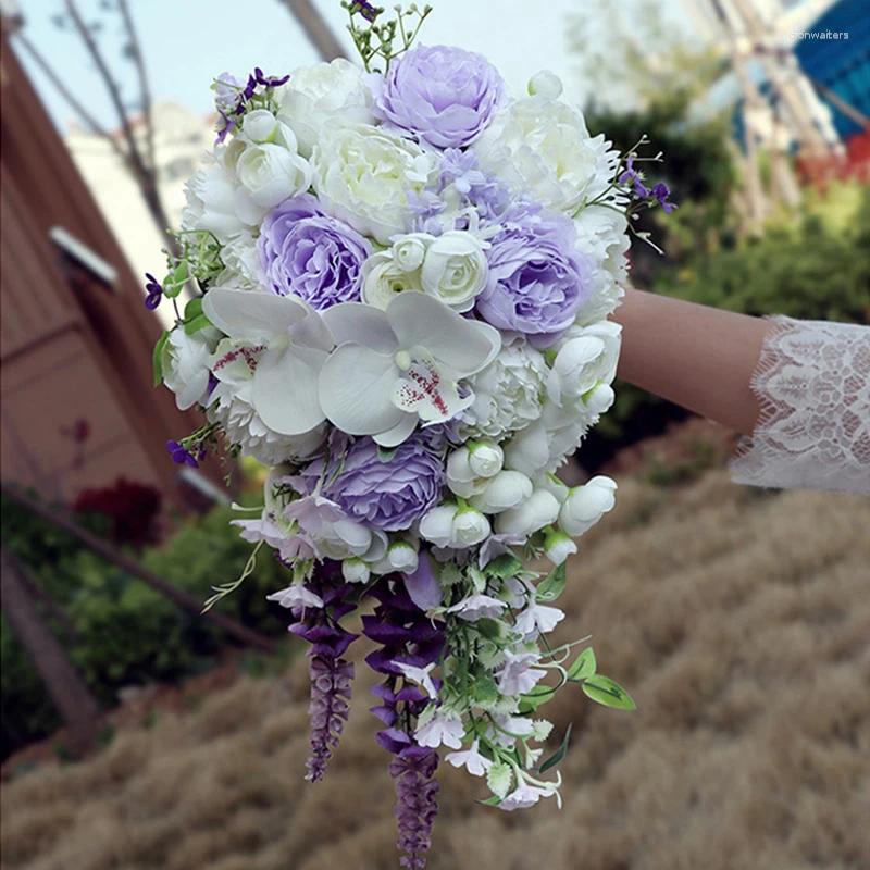 Wedding Flowers Waterfall Bride Bouquet Bridesmaid Hand Tied Artificial Decoration Home Holiday Party Supplier Purple Rose