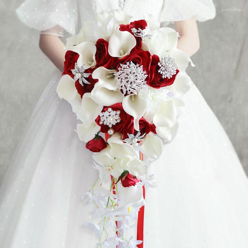 Wedding Flowers Waterfall Red Bridal Artificial Pearls Crystal Bouquets De Mariage Rose Bride Bouquet Accessory