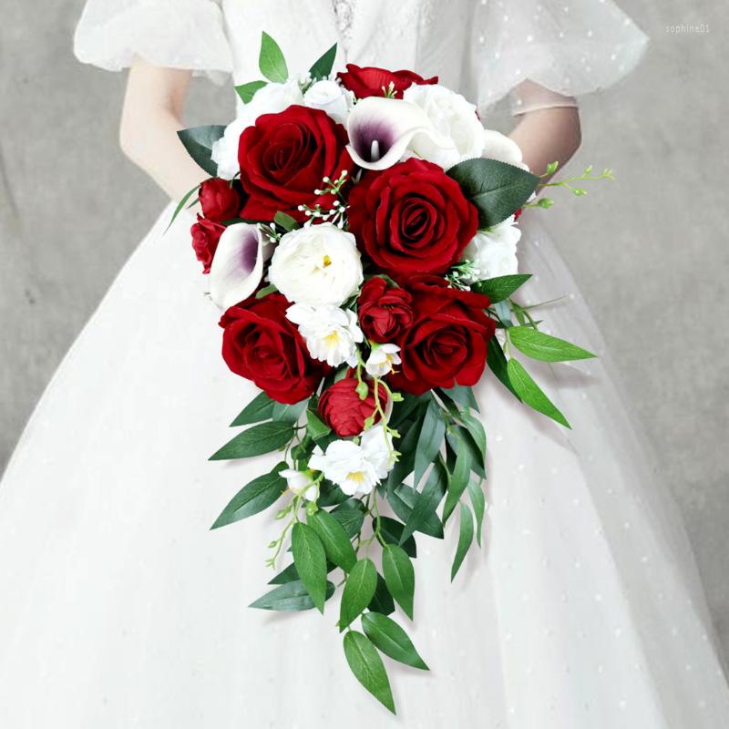 Casamento Flores Estilo Cachoeira Rose Bouquet Simulação Cascata Vermelho Buque De Noiva Para Casamento