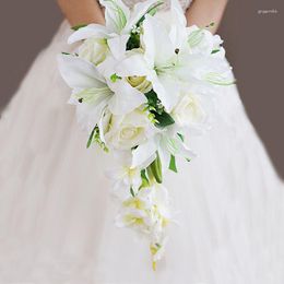 Fleurs De Mariage Cascade Lys Blanc Ivoire Rose Bouquets De Mariée Artificiall Bouquet De Mariage