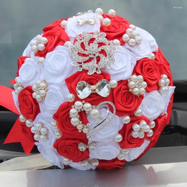 Flores de boda Ramos blancos y rojos Cinta de raso Dulce 15 Quinceañera Artificial Nupcial Holding W112