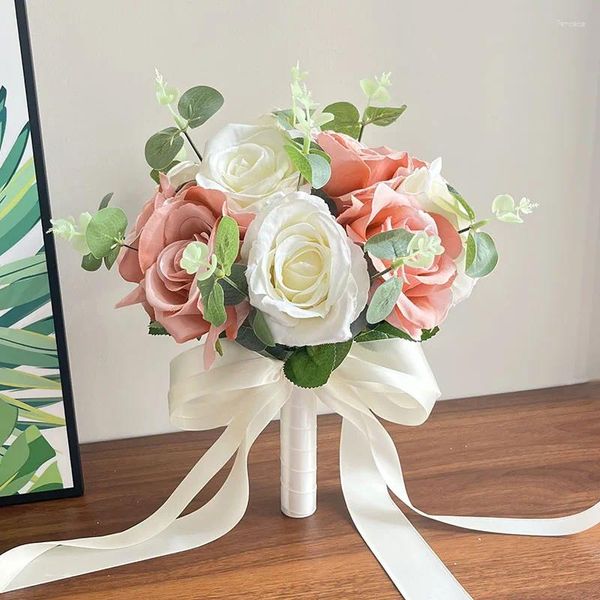 Fleurs de Mariage blanc mariée Bouquet poussiéreux Rose soie Rose artificielle mariée demoiselle d'honneur tenant fleur accessoires de Mariage