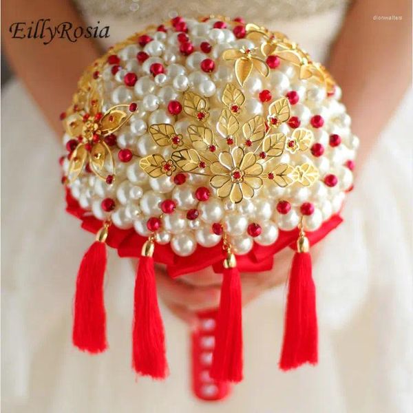 Bouquet de mariée en perles blanches, fleurs de mariage, bijoux en or, Tessel rouge, Style chinois classique, demoiselle d'honneur, fait à la main, magnifique