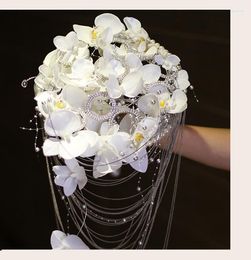 Flores de boda, ramo de orquídeas Phalaenopsis blanco para novia, con borla de flores, perla de cristal, cetro elegante, Sztuczne Kwiaty