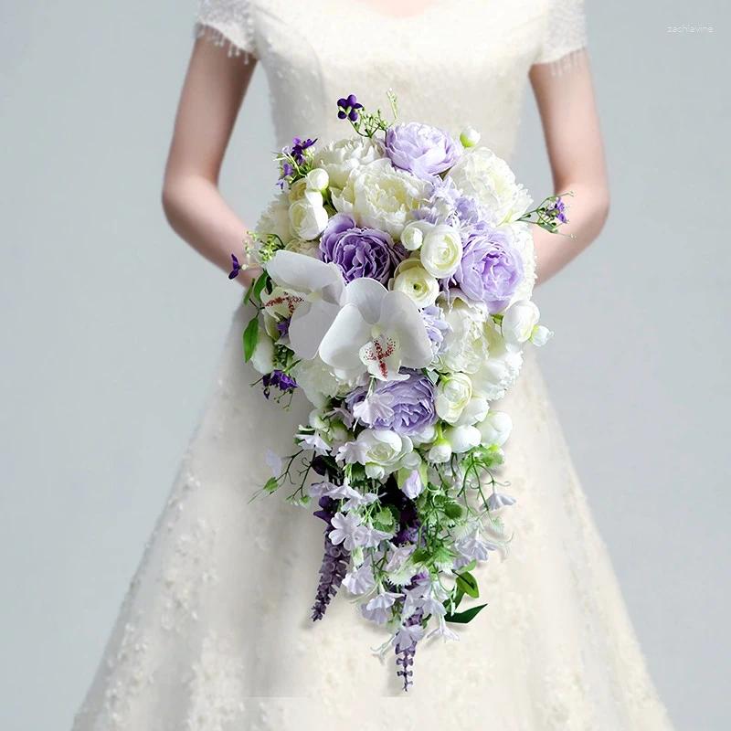 Fleurs de mariage blanc violet cascade bouquet de mariée orchidée artificielle en cascade rose pivoine verte tenant 2024