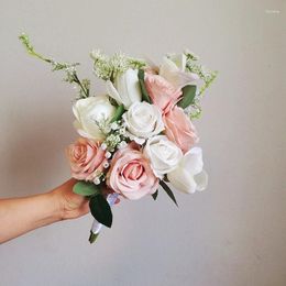 Bouquet De fleurs De mariage Whitney, Roses roses poussiéreuses avec ivoire, vraies décorations De Centros De Mesa Para Boda pour cérémonie