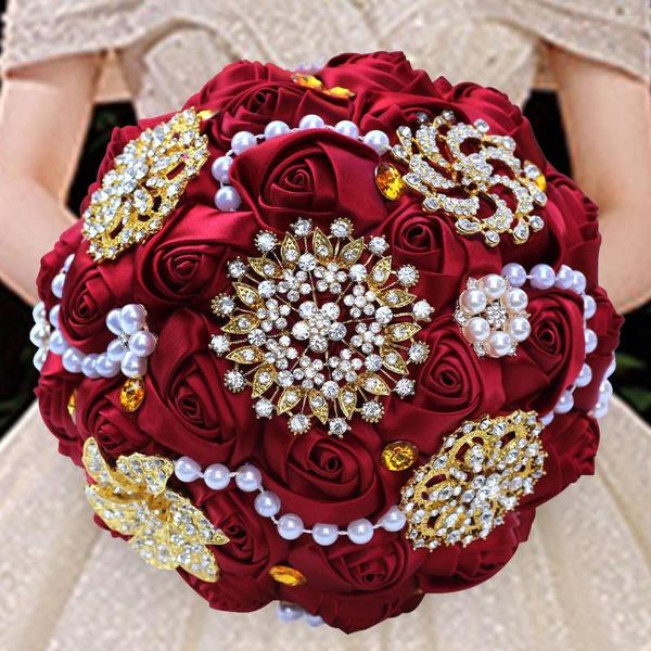 Fleurs de mariage WifeLai-A 20CM mariée demoiselle d'honneur strass broche Bouquet ruban fait à la main fête église décoration multicolore W3217G