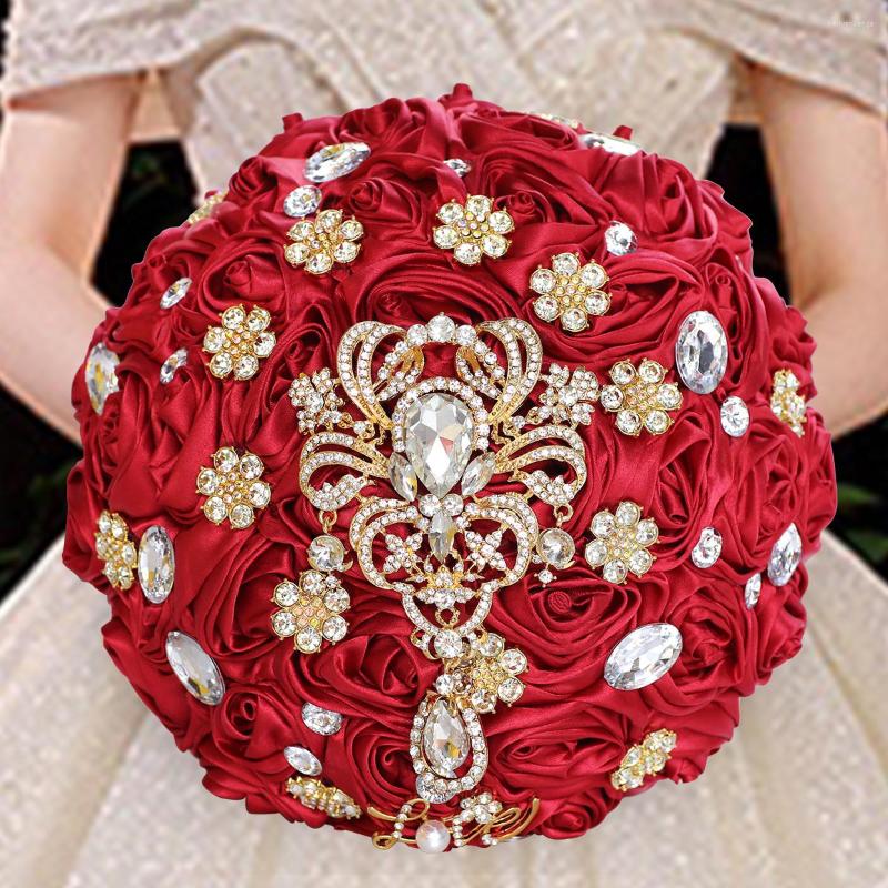 Wedding Flowers Wifelai-a Big Bruid Bridesmeisje Rhinestone Broche Bouquet Ribbon Satin Handmade Party Church Decoratie Multicolor W299A