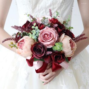 Wedding Flowers Women Bridal Bouquet Handmade Party Bridesmaid Holder Rose