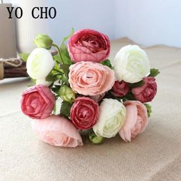 Fleurs de mariage yo chou 10 têtes mini-thé rose rose artificielle fleur mariée bouquet fausse décoration de vase à domicile blanc rose blanc rose