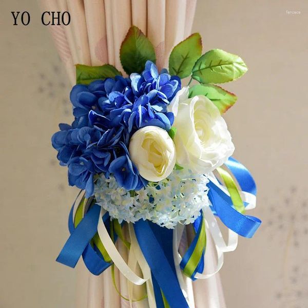 Flores de boda Yo Cho Bouquet Ribbon HydreGea Peony Blue Pink Red Flower Decoración Matrimonio Suministros Decoración del hogar