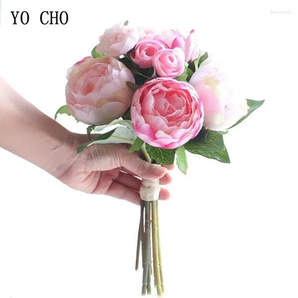 Flores de boda YO CHO Ramo Rosas de seda Peonías Flor artificial Rosa Blanco Dama de honor nupcial para accesorios de boda