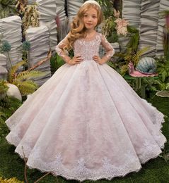 Wedding Girl Dress Luxe Sparkly Lace Appqulies Blush Roze jurken Lange mouw Flower Kid Ball JUID JUIOR BRIDESMID