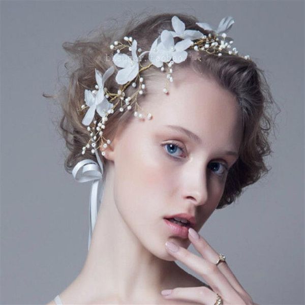 Mariage Or Fleurs À La Main Et Perle Bandeau Coiffes Pour Demoiselle D'honneur De Mariée Accessoires De Cheveux De Luxe Casque Fascinateurs Ti225S