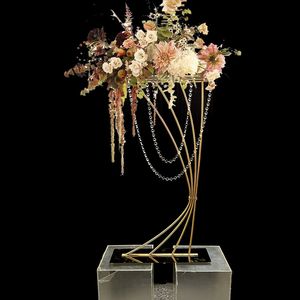 Bruiloft Gouden Metalen Bloem Stand Tafel Centerpieces Voor Bruiloft Decoratie Vloer Bloemen Vaas Kroonluchter Houder