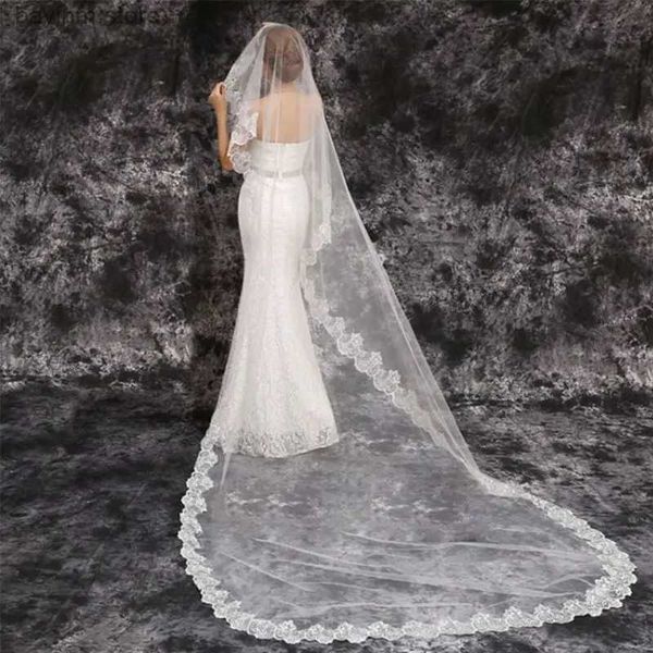 Bijoux de cheveux de mariage 1 couche Femme Bridal White Wedding Veil Ultra Long Wedding Tulle Veil large Broidered Hexagonal Floral Applique Edge solide