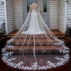 Wedding Haar sieraden 4m 5m Single Layer Wedding Veil met kam White Lace Edge Bride Veil Ivory Application Cathedral Wedding Veil