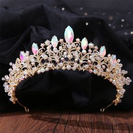 Bruiloft haar sieraden barokke handgemaakte gouden ab kleur kristallen kralen bruids tiaras kroon grote optocht diadeem hoofdband accessoires 220831