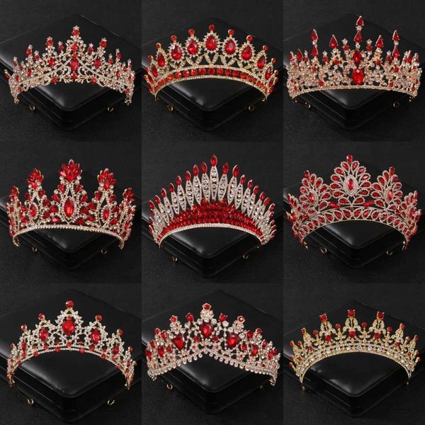 Bijoux de cheveux de mariage baroque Red Crystal Tiaras and Crowns Prom Rhingestone Bridal Diadem Crown Taira Fomen Femmes Accessoires de cheveux de mariage Bijoux Couronne D240425