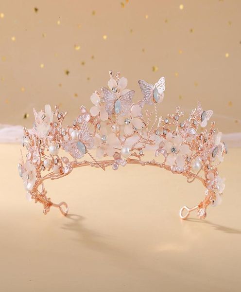 Bijoux de cheveux de mariage baroque or rose cristal papillon perles diadèmes de mariée couronnes diadème casque vigne diadème accessoires 230118698495