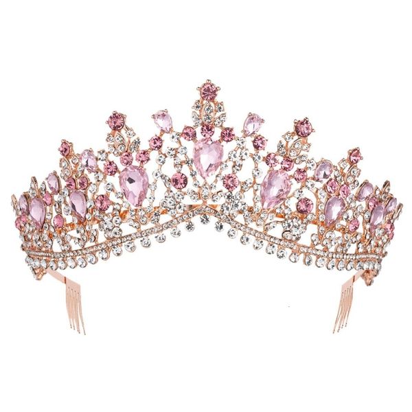 Bijoux de cheveux de mariage, couronne de diadème de mariée en cristal Rose or Rose baroque avec peigne, accessoires de bandeau de voile de bal de concours 230112