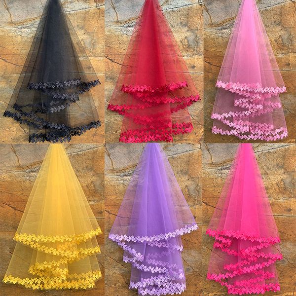 Bijoux De Cheveux De Mariage Cathédrale Voile 10 Couleurs Blanc Rose Violet Bordeaux Noir Ivoire Dentelle Bord De Mariée Velos De Novia 230506