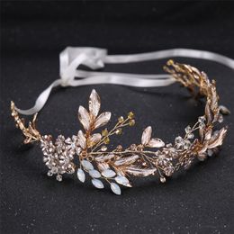 Bruiloft haar sieraden champagne legering crystal kralen bloemen bruid hoofdbanden haar kam prinses bruids lint haarband bruiloft haaraccessoires kroon 220831