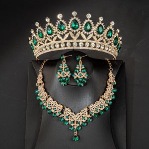 Bruiloft haar sieraden kristallen bruids tiaras kroon dames koningin prinses paars roze roodblauw groen ketting sets mode set diadems 230508