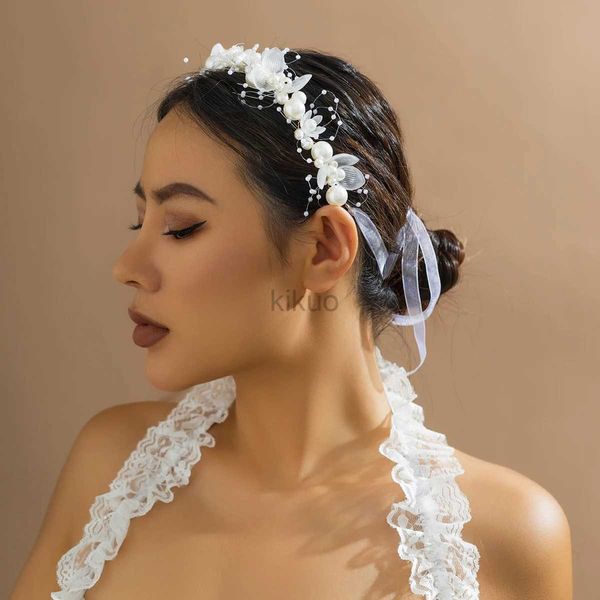 Bijoux de cheveux de mariage Élégant Bridal Imitated Pearl Band Band White Flower Wreath Hair Head Wright Hoop Hoop Hair Bijoux D240425