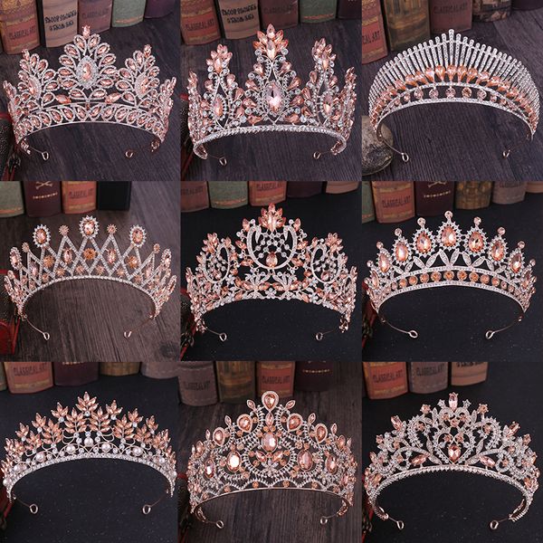 Bijoux de cheveux de mariage, mode or Rose couleur pêche, accessoires en cristal reine princesse diadème diadème couronne tête 230112