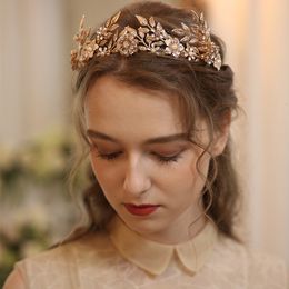 Bruiloft haar sieraden gouden kleur blad tiara kroon bloemen bruidsband handgemaakt kopstuk dames feest prom tiaras 230112