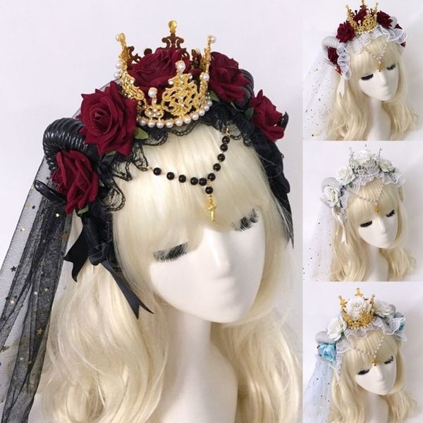 Bijoux de cheveux de mariage gothique antilope corne de mouton bandeau rose fleur cerceau dentelle diadème décor cosplay accessoires casque 3XUA 230609