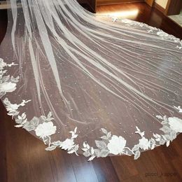 Bijoux de poils de mariage Veille de mariage de perles de luxe avec flore dentelle lacette de 3,5 mètres de long voile nuptiale