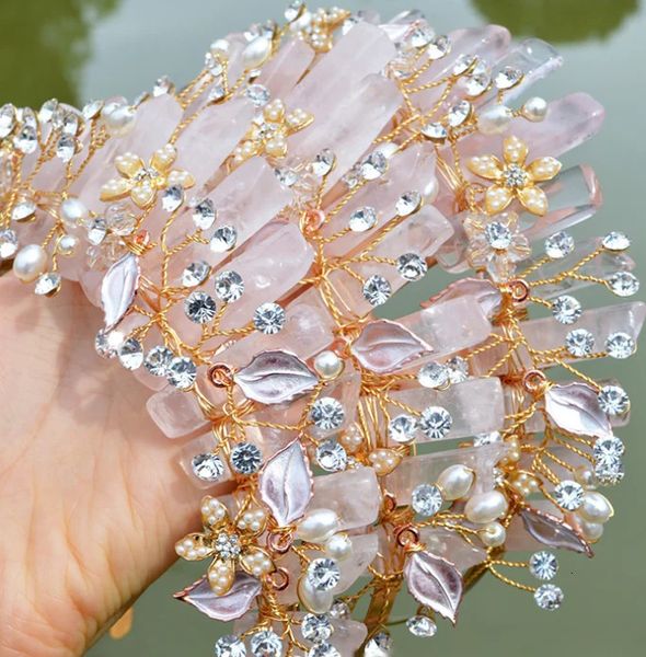 Bijoux de cheveux de mariage Couronne de cristal naturel Rose Quartz Bandeau Elf Diadèmes Fleur Strass Accessoires de cheveux Faits à la main Fête de mariage Festival Cadeaux 231128