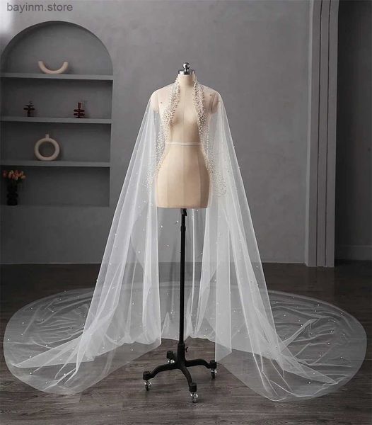 Joyas para el cabello de boda perlas Boda Velo 1 Capa de larga Catedral de novia Velo con perlas Mantilla Luxurious Tul Crystal Bride Veil Accesorios para el cabello