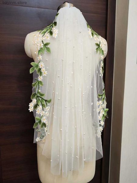 Bijoux de poils de mariage Perles Vele de mariage avec des fleurs et feuilles de lace partielle Vele de mariée de fée en dentelle avec peigne 1 mètre voile accessoires de mariage