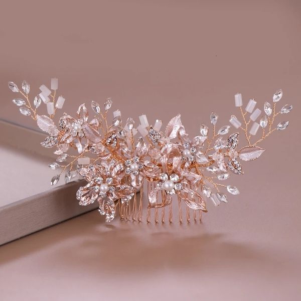 Bijoux de cheveux de mariage en or rose couleur cristal perle fleur peigr la mariée