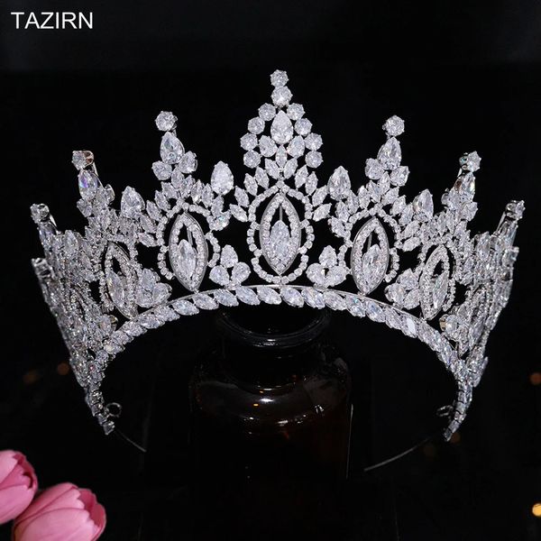 Bijoux de cheveux de mariage TAZIRN luxe 5A zircon cubique grandes couronnes de mariée de mariage fabriqués à la main CZ mariée diadèmes arabe occidental bal fête cheveux accessoires 231121