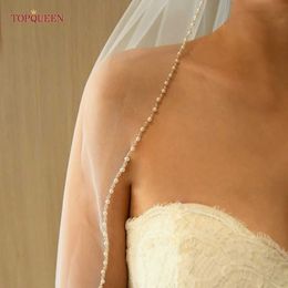 Bijoux de cheveux de mariage Topqueen Elegant Bridal Veils Crystal Beded Wedding Veil with Pearls Crystal Edge 1 Tier Cathedral Brides 2023 Accessoires V197