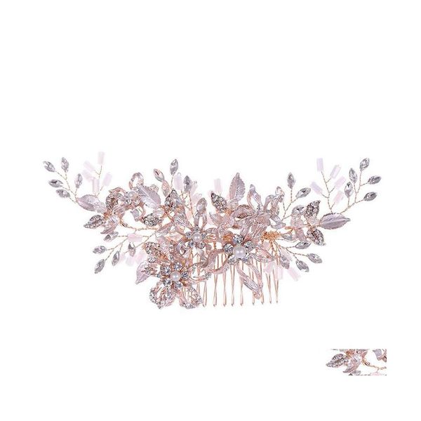 Bijoux De Cheveux De Mariage À La Mode Rose Or Strass Peignes De Cheveux De Mariage Accessoires Pour La Mariée Cristal Headpiece Ornements Bijoux Drop Dhxkb