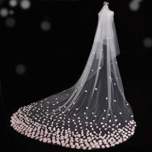 Bijoux de cheveux de mariage V95 Veille nuptiale large fleur rose appliquée Veille de mariage longue cathédrale style nuptial illusion 2 niveaux avec peigne accessoires de mariée