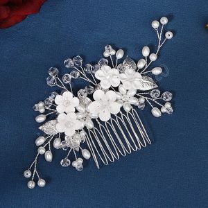 Boda hecha a mano aleación hoja Rhinestone Ceram flor perlas de agua dulce peineta para novia accesorios para el cabello de boda joyería de mujer