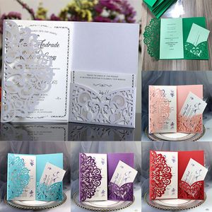 Kits de cartes d'invitation de mariage printemps fleur découpé au laser poche carte d'invitation de mariée pour la fête d'anniversaire diplômé de fiançailles invite WX9-1586