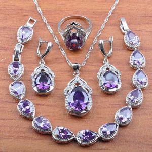 Bruiloft Sieraden Natuurlijke Paarse CrystalSilver Kleur Sieraden Set Vrouwen Oorbellen Ketting Hanger Ringen Armband JS0306 H1022