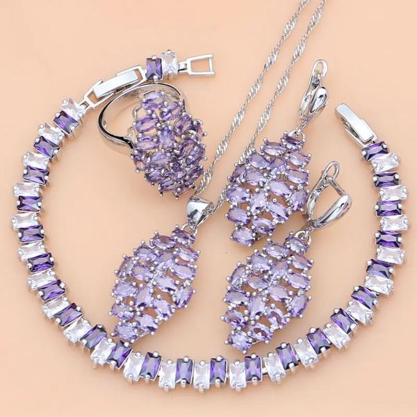 Ensemble de bijoux de mariage en argent Sterling 925, boucles d'oreilles de Tennis en améthyste violette, bagues, accessoires de mode, collier de mariage 231012