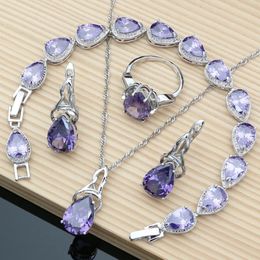 Bruiloft Sieraden Set Bruid 925 Zilveren Sets Paarse Amethist Edelsteen Oorbellen Ringen Mode Accessoires Bruiloft Ketting Drop 231012