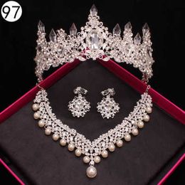 Bruiloft Sieraden Set Ketting en Oorbellen Crystal Crown Diademe Mariage Braeut Krone Accessoires Capelli Sposa Coroas Para Noiva H1022