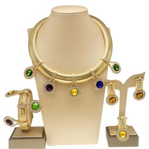 Ensemble de bijoux de mariage, collier Original 24k, magnifique pierre colorée, boucle d'oreille Simple, Bracelet de luxe, Banquet 231219