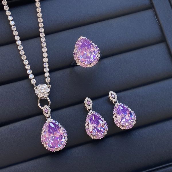 Ensemble de bijoux de mariage goutte d'eau pendentif colliers cadeau fleur de glace étincelante Imitation améthyste plein zircon diamant anneau ouvert femmes doux boucles d'oreilles goujons