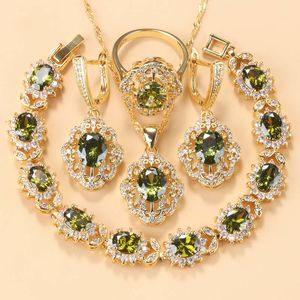 Wedding Jewelry Sets 10-Colors Cubic Zirconia Women Accessories Gold Plated Olive Green Zirconia Charm Bracelet And Ring Jewelry Sets 230504